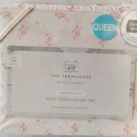 Shabby Chic Cottage Farmhouse QUEEN sheet set Pastel Pink ribbon & roses floral - Picture 7 of 7